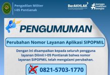 PERUBAHAN NOMOR LAYANAN APLIKASI SIPOPMIL (SISTEM INFORMASI PELAYANAN ONLINE PENGADILAN MILITER) DILMIL I-05 PONTIANAK